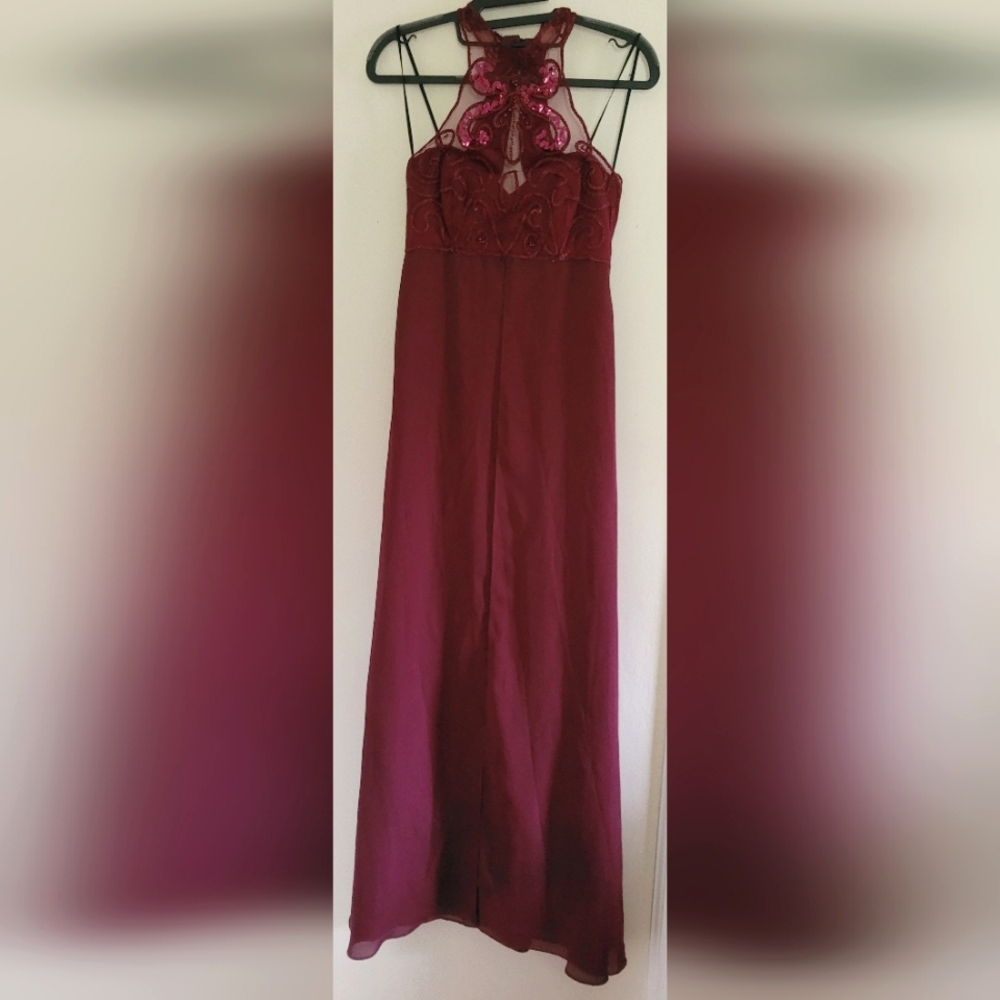 Faviana Burgundy Sequin Halter Neck Split Column Dark Romantic Prom Formal Dress
